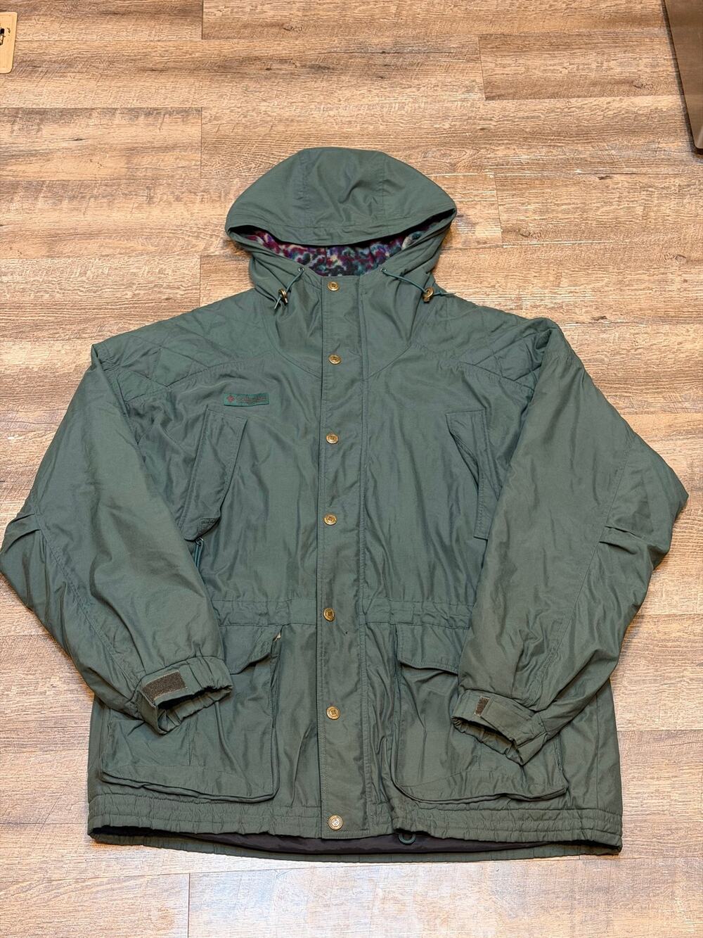 Vintage 90s Columbia Parka Jacket Mens Large Green Fleece Lined Aztec Hooded
